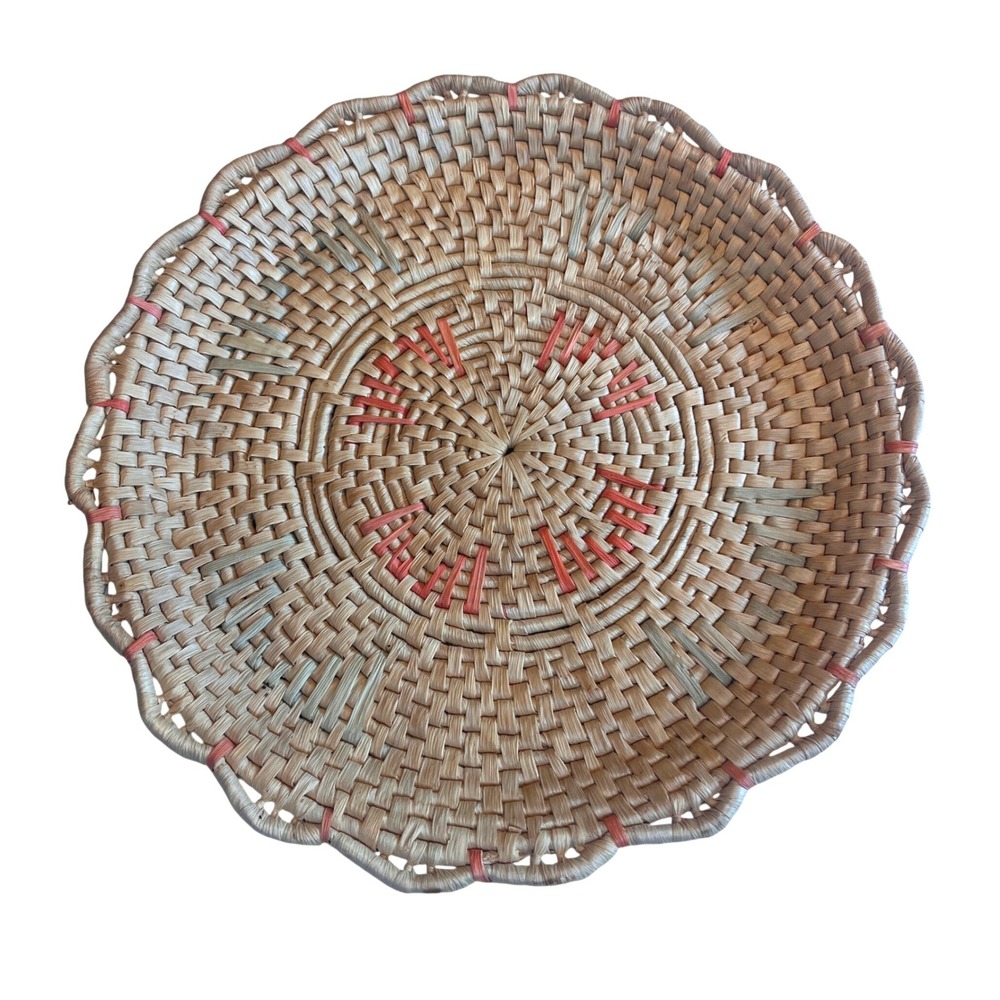 Handwoven Wicker Wall Basket Tray Scalloped Edge Sunburst Pattern 14.5" Boho